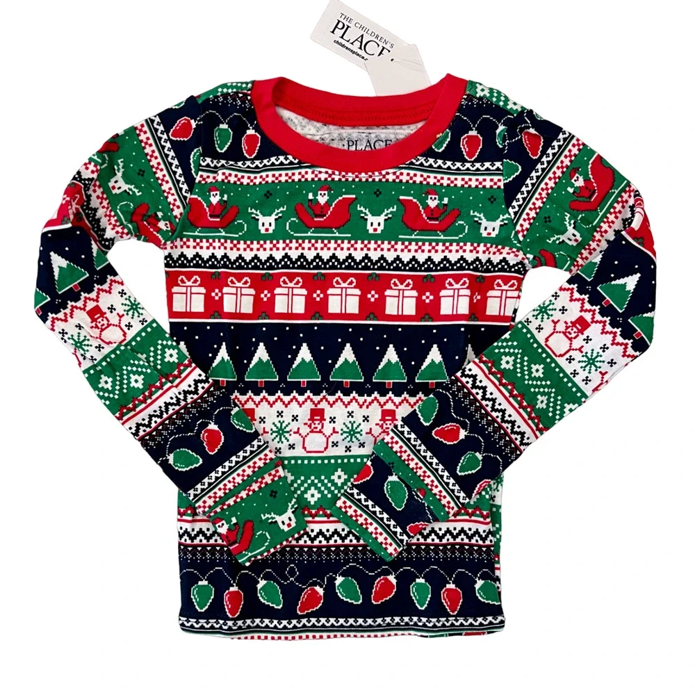 **NWT Children's Place Unisex Glow Christmas Fair Isle Cotton Pajamas - SIZE 4